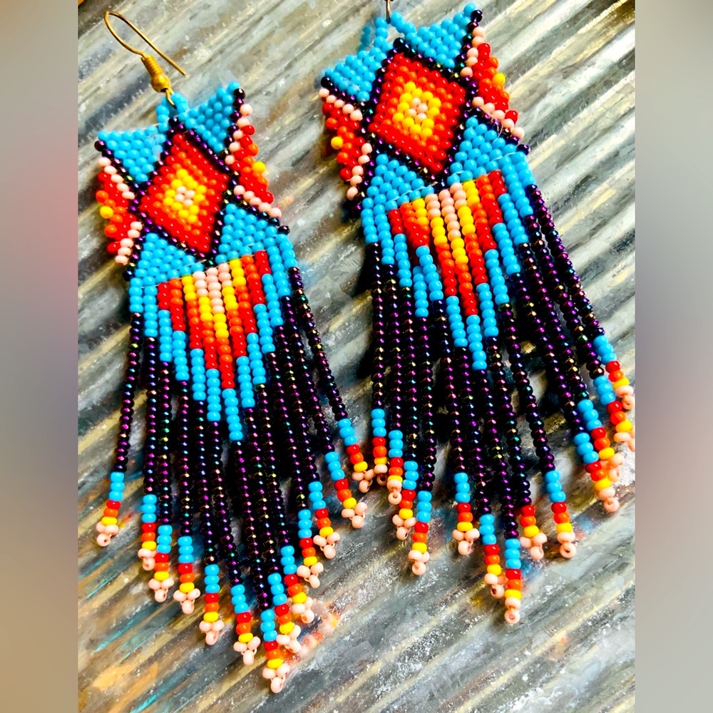 Huichol Mexican Native Earrings Ojo De Dios 4”